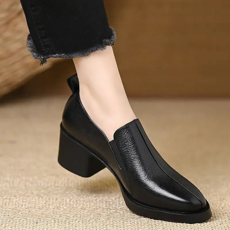 Women's Lace Leather Loafers with Block Heel – Casual Shoes
