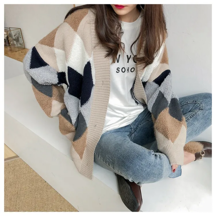 Damen Oversized Cardigan mit V-Ausschnitt und Knopfverschluss