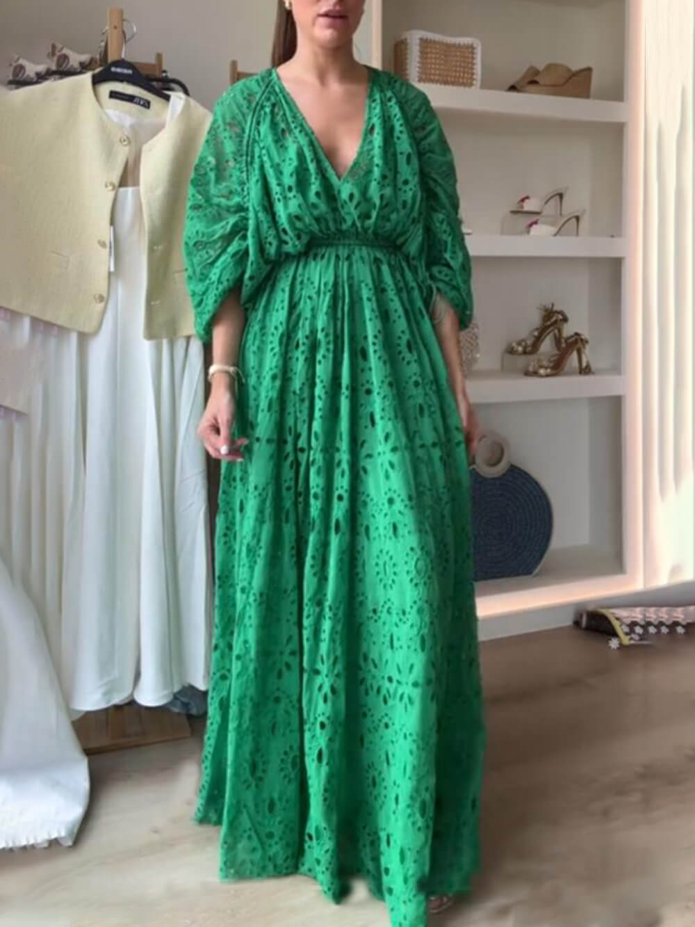 Vestido maxi de encaje oversize para mujer con escote en V y cintura fruncida – Vestido elegante y fluido