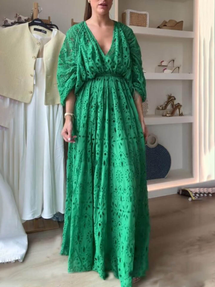 Vestido maxi de encaje oversize para mujer con escote en V y cintura fruncida – Vestido elegante y fluido