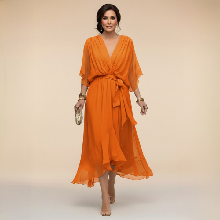 Elegant flared chiffon midi dress with V-neck and belt for women – Perfect dress for wedding guests
