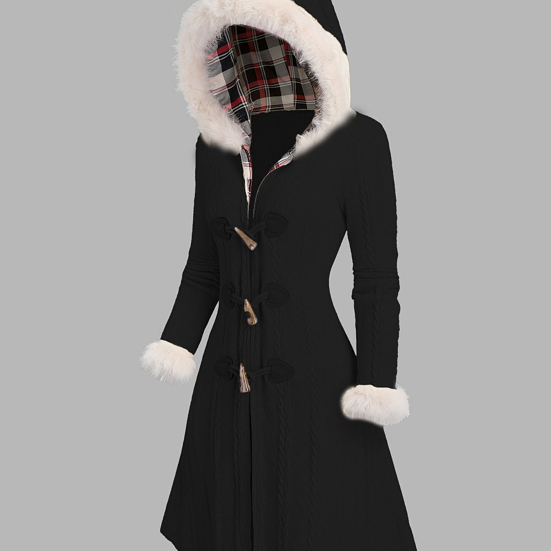Nadia | Damen Longline Mantel mit Fellbesatz und Kapuze
