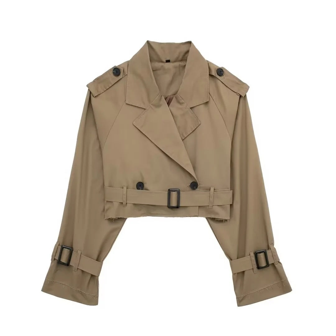 Short women's trench coat made of vegan leather