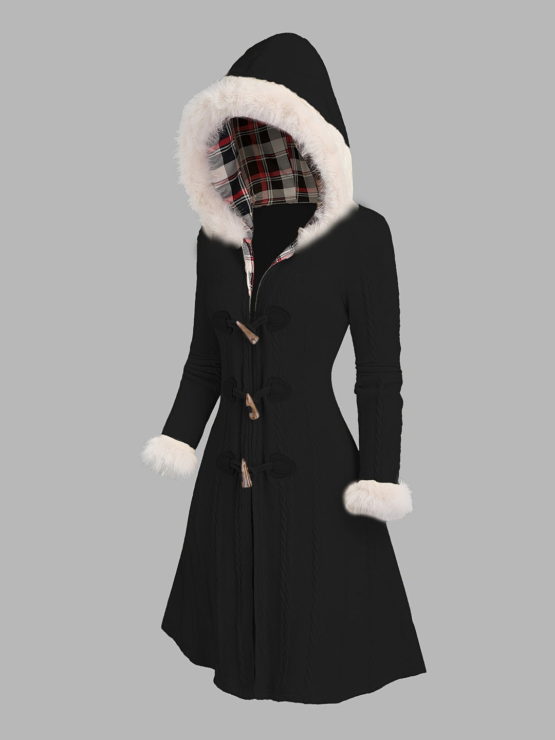 Nadia | Damen Longline Mantel mit Fellbesatz und Kapuze
