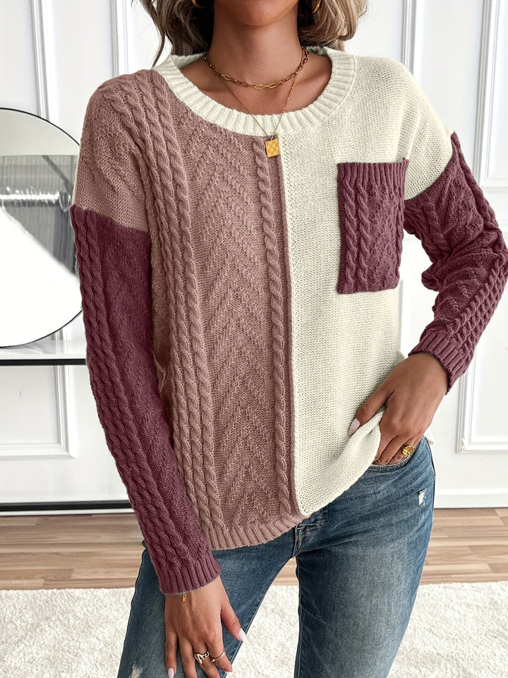 Esme | Damen Pullover Zopfstrick Color-Block