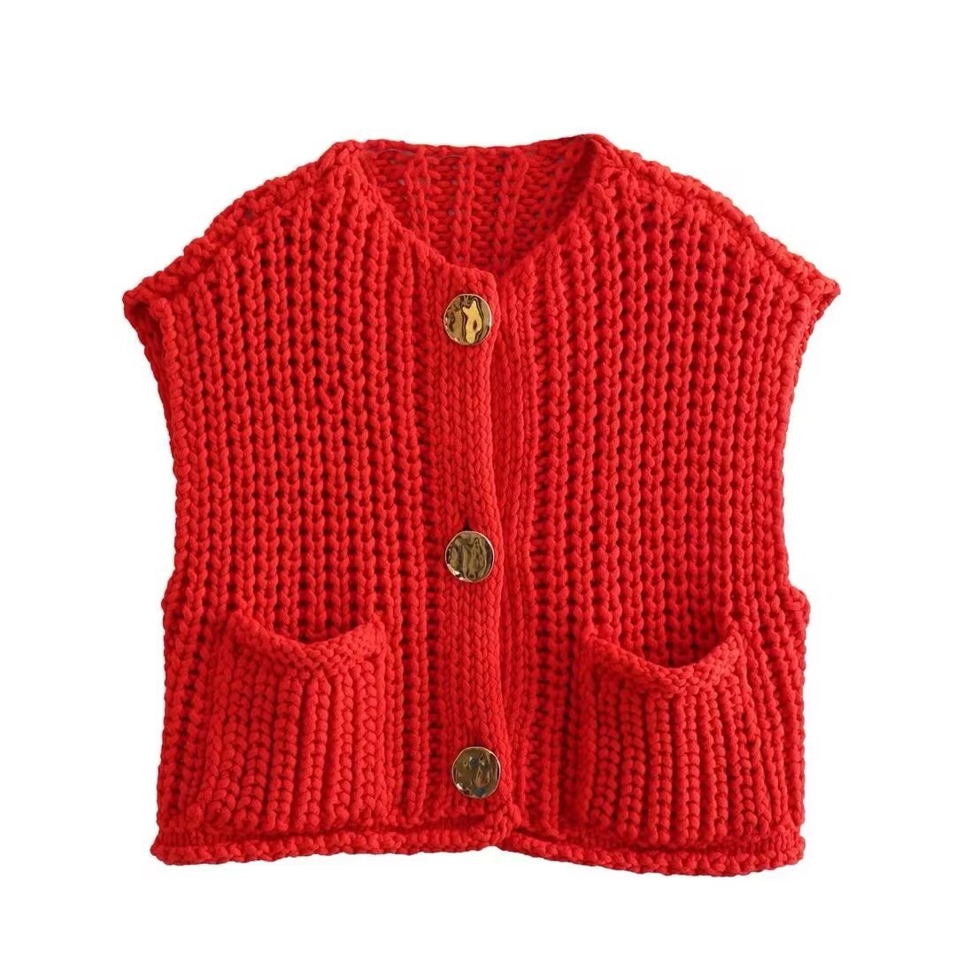 Sleeveless Knitted Vest Women High-Quality Elegant with Side Pockets