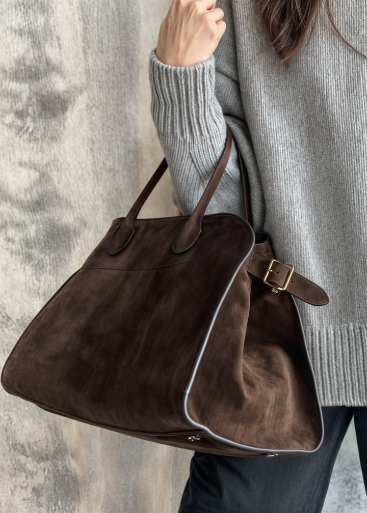 Large Suede Handbag Women – Crossbody Bag Genuine Leather with Zipper