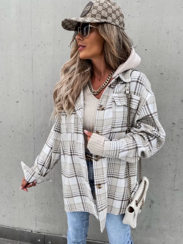 Veste de transition à carreaux pour femme avec capuche et boutons