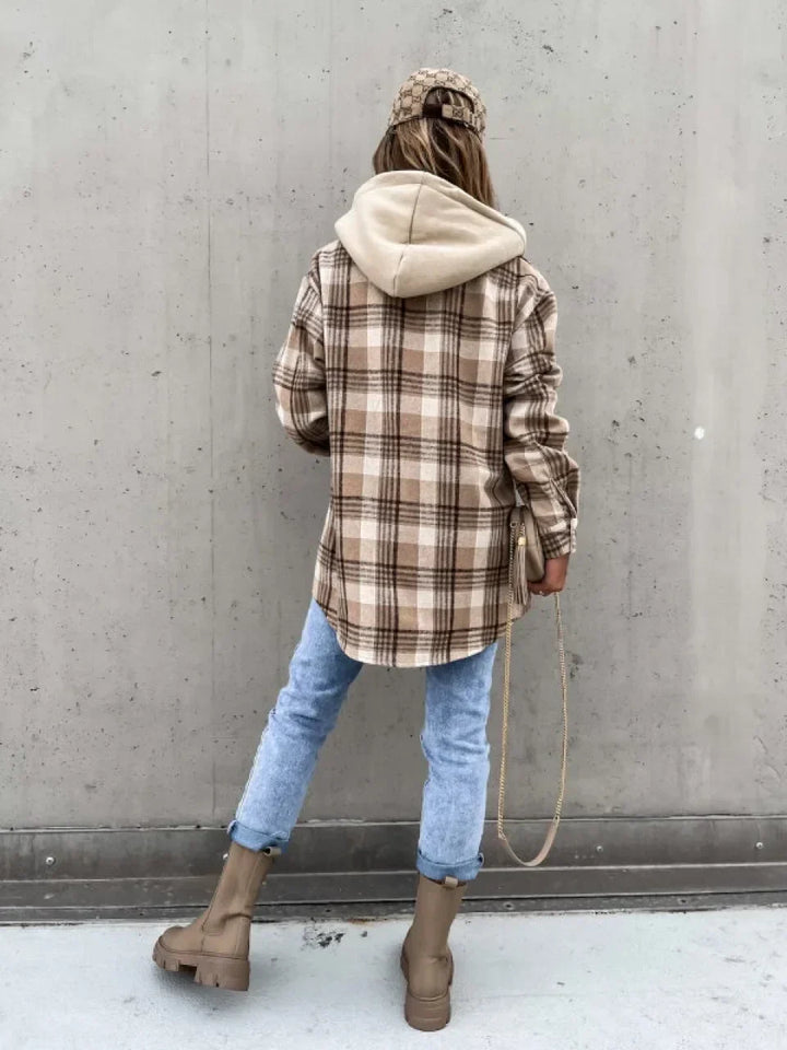 Veste de transition à carreaux pour femme avec capuche et boutons