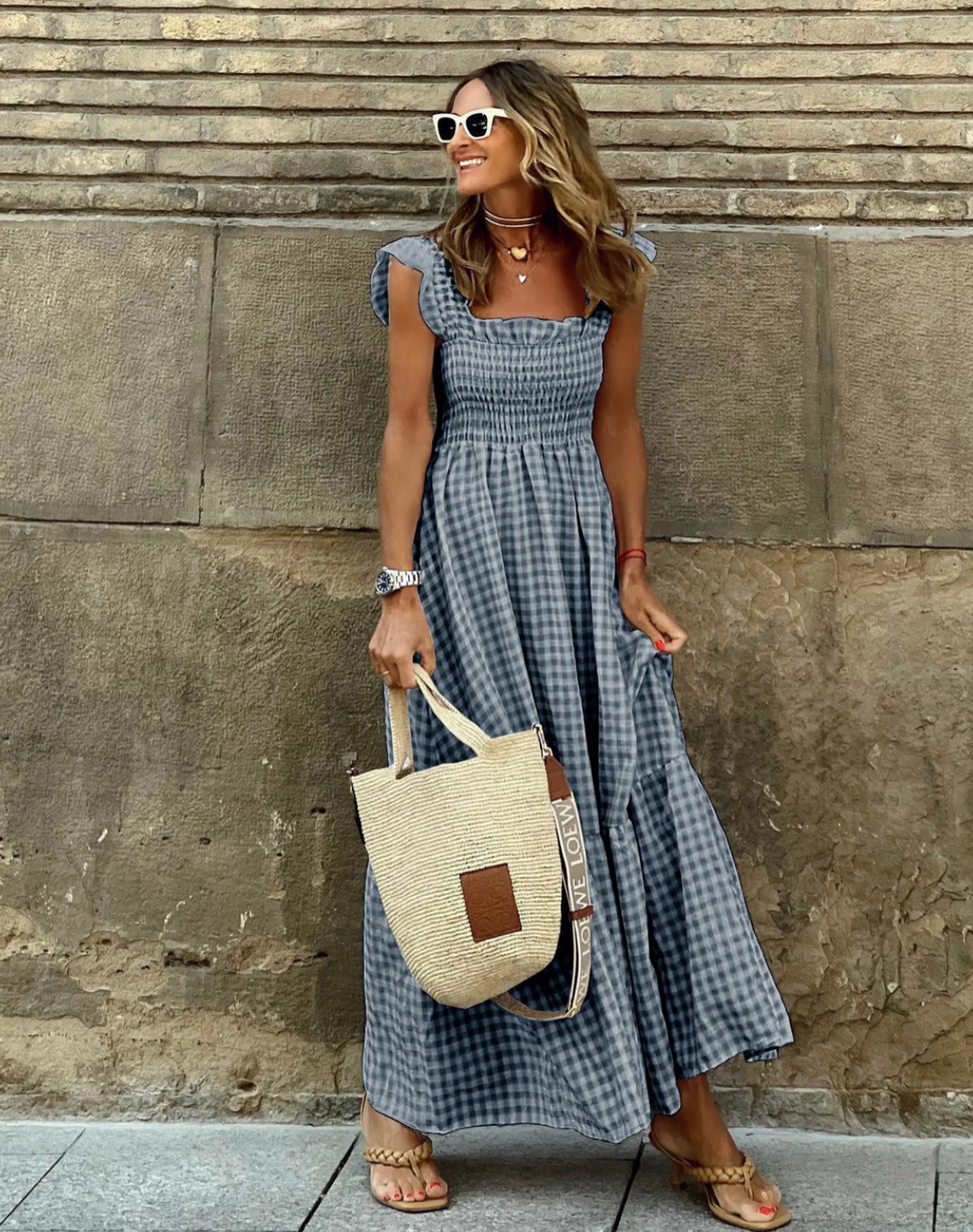 Damen Maxikleid Baumwolle Gingham Rüschenärmel Eleganter Sommerlook