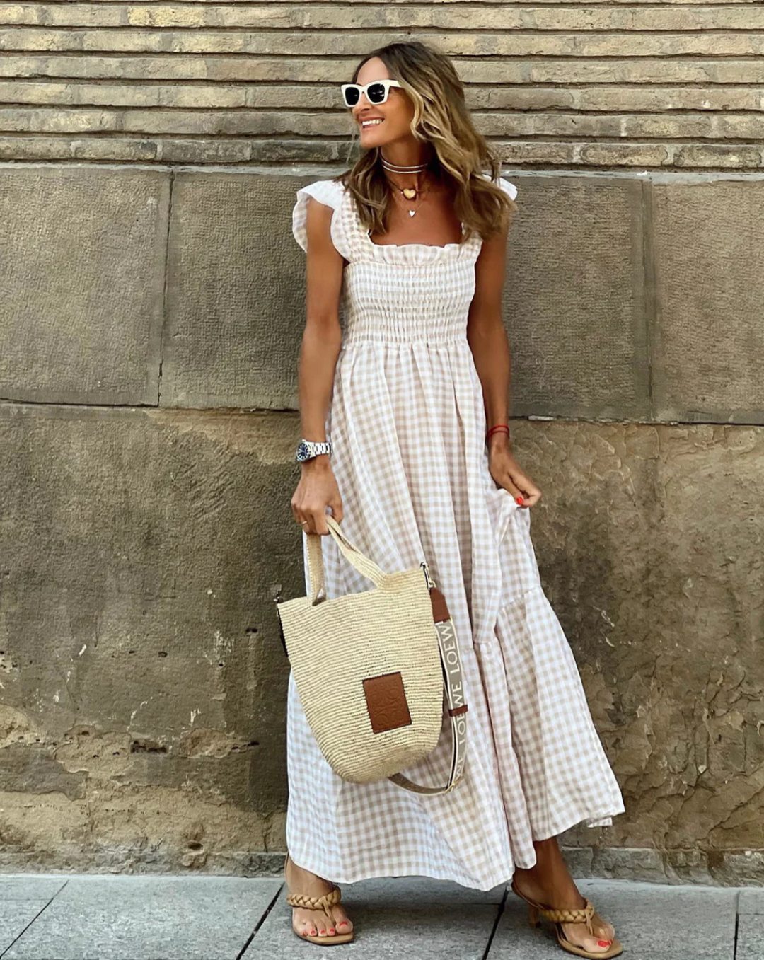 Damen Maxikleid Baumwolle Gingham Rüschenärmel Eleganter Sommerlook