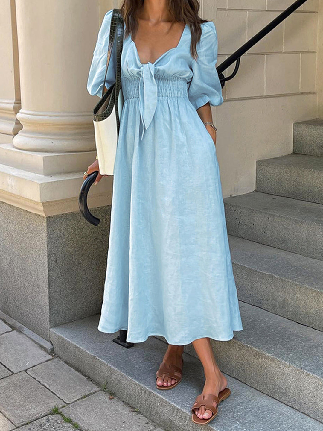 Leinen-Baumwoll Midikleid mit Frontbindung – Sommerkleid für Damen