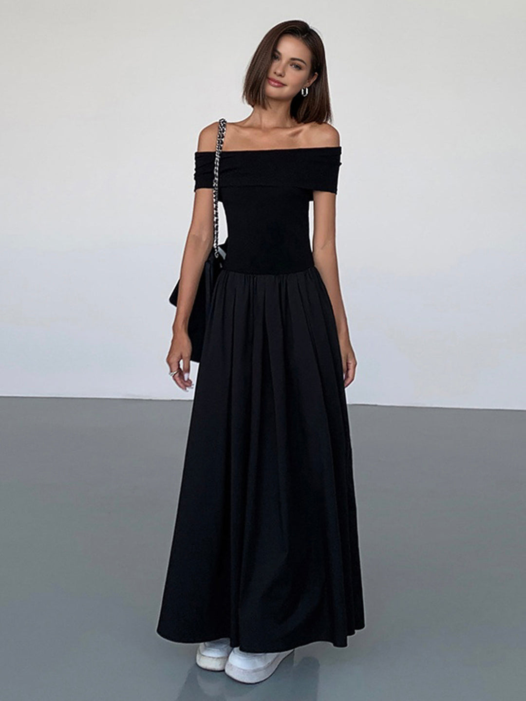 Women's satin off-shoulder dress with elegant cut