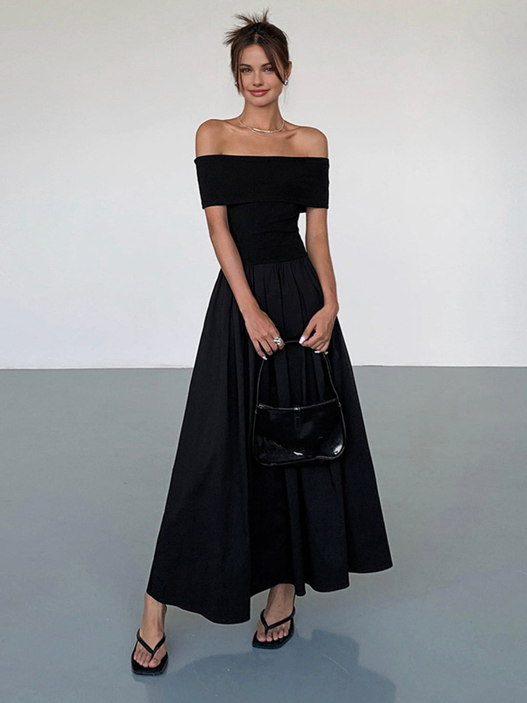 Women's satin off-shoulder dress with elegant cut