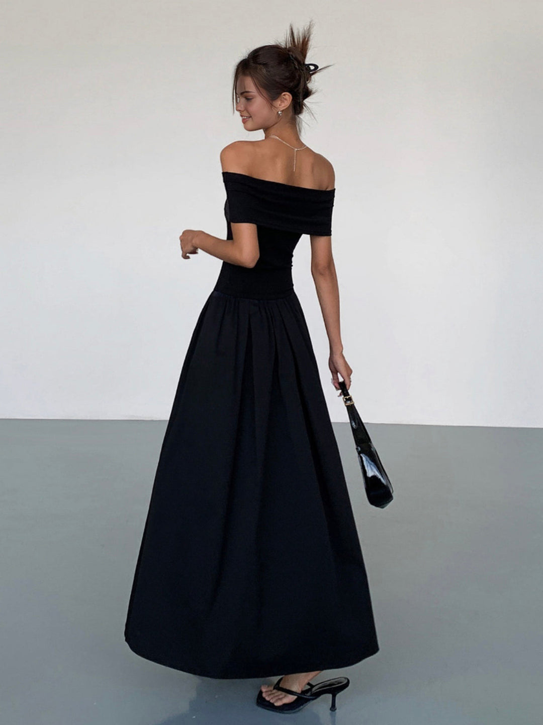 Women's satin off-shoulder dress with elegant cut