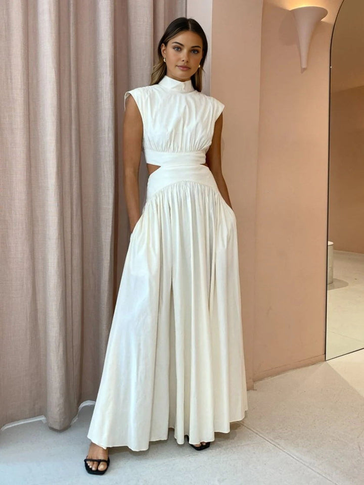Sleeveless maxi dress with stand-up collar and waist cut-out