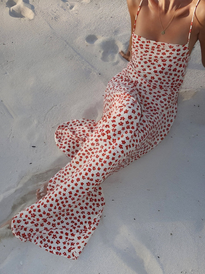 Long summer dress with floral pattern – backless, flowing
