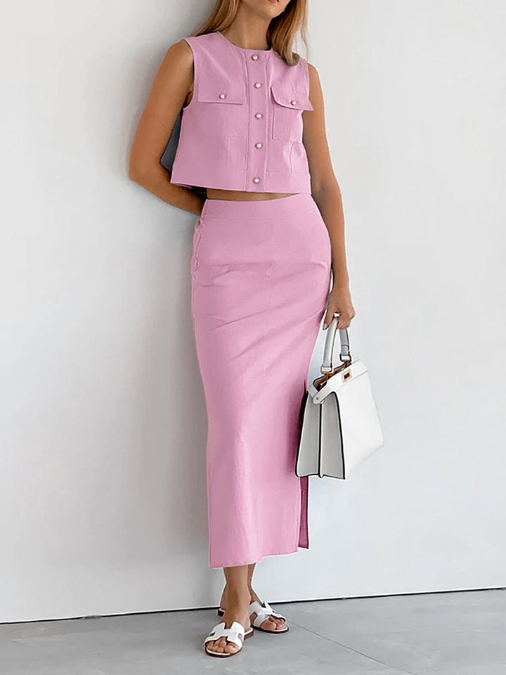 Conjunto de falda sin mangas de algodón para mujer – Elegante conjunto de dos piezas