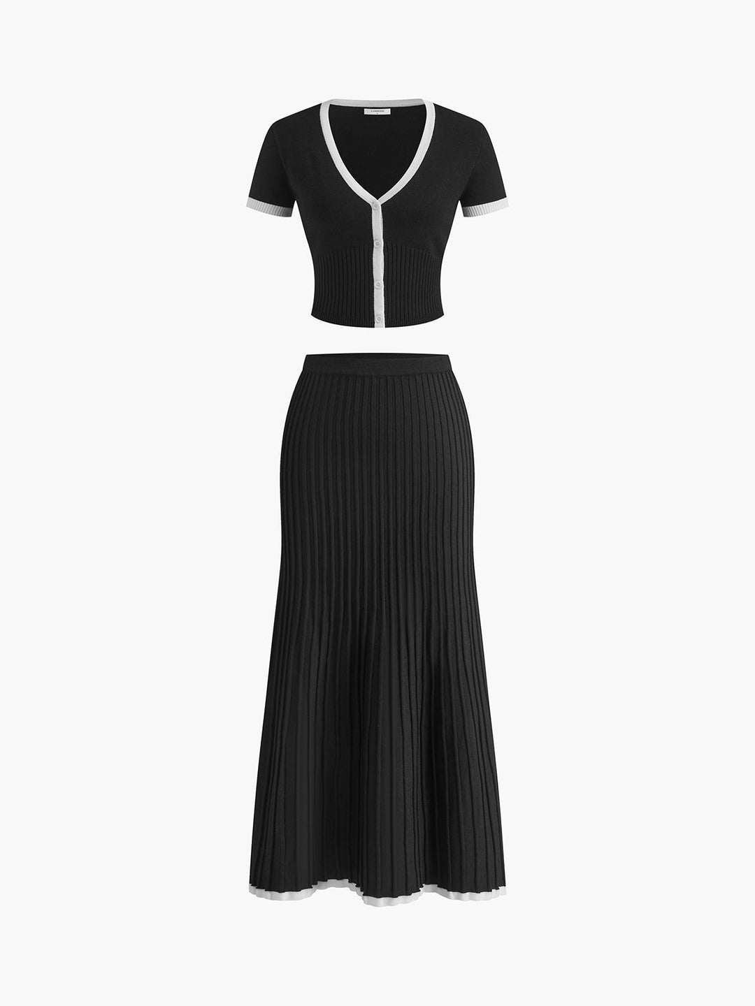 Ensemble de tricot deux pièces pour femmes – Bord contrasté et jupe plissée