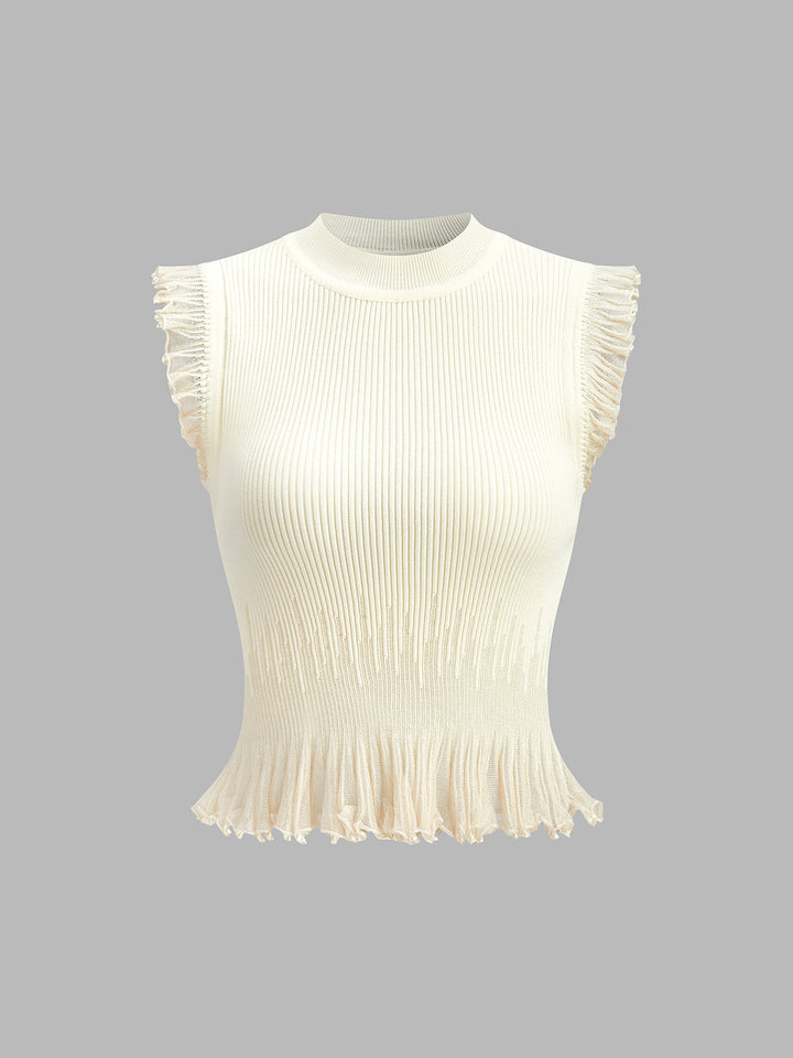 Krótki sweter prążkowany z falbankami – Beżowy – Letni damski top