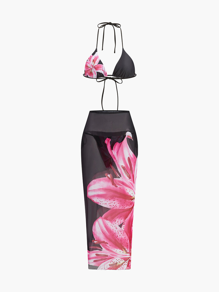 3-piece flower bikini set with mesh skirt – fashionable swimwear