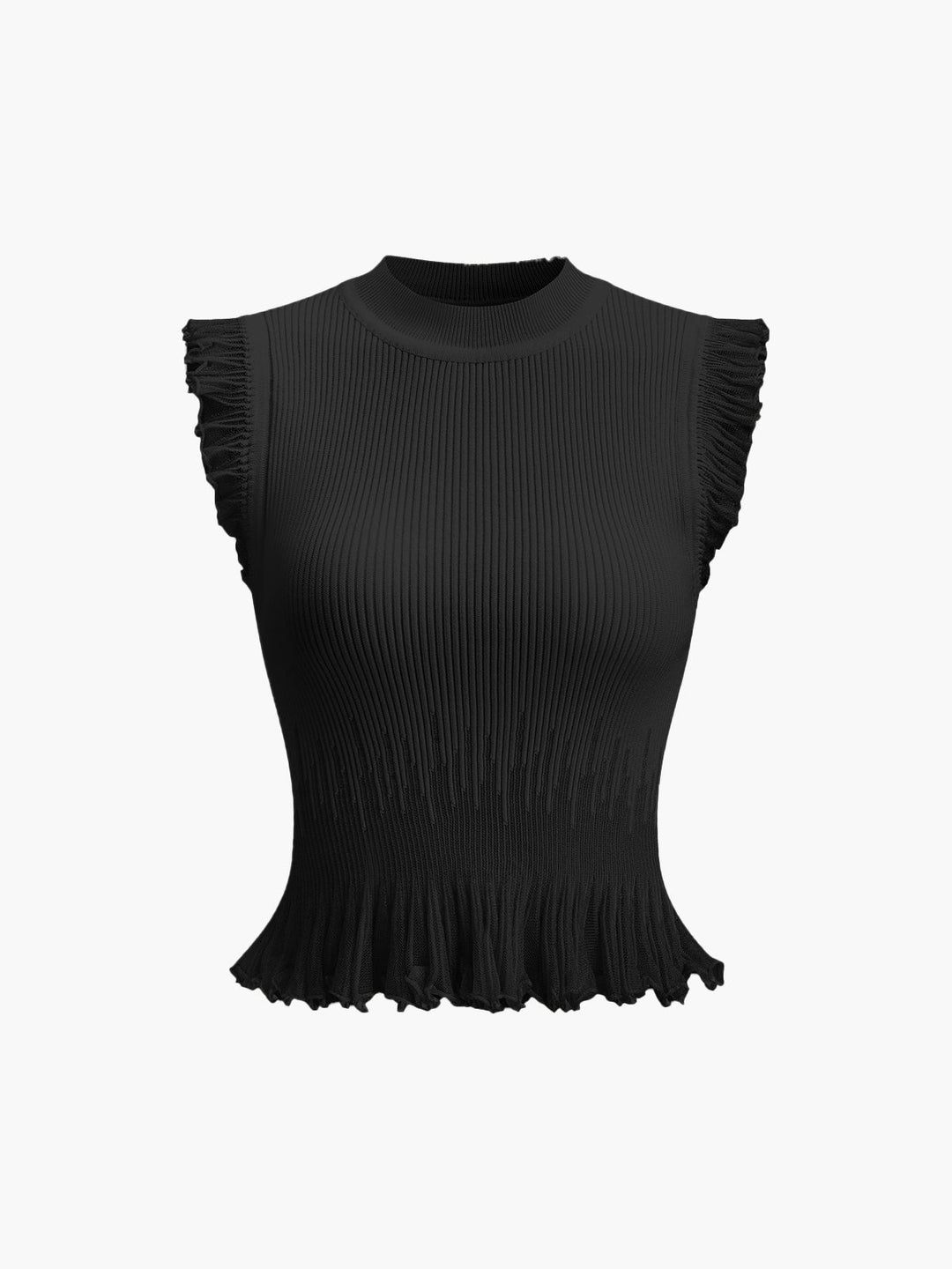 Krótki sweter prążkowany z falbankami – Beżowy – Letni damski top