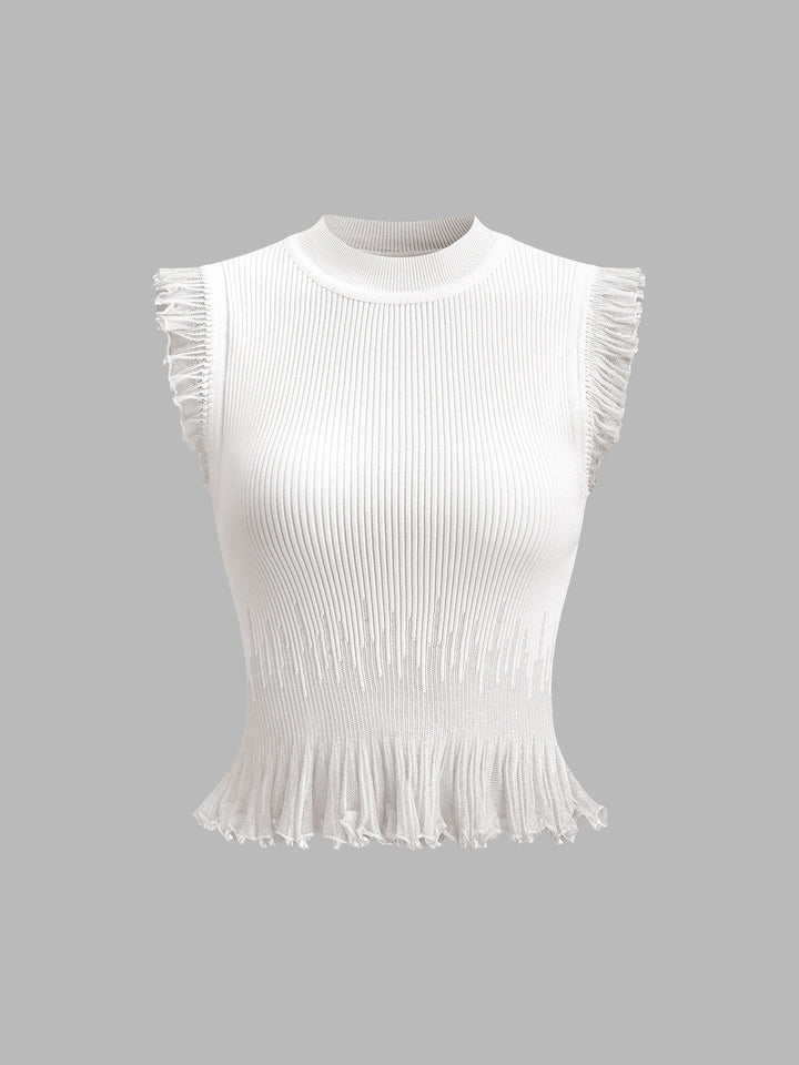 Krótki sweter prążkowany z falbankami – Beżowy – Letni damski top