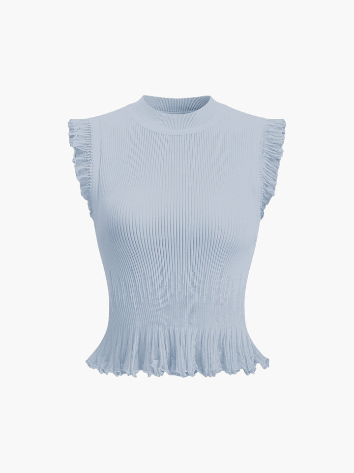 Krótki sweter prążkowany z falbankami – Beżowy – Letni damski top