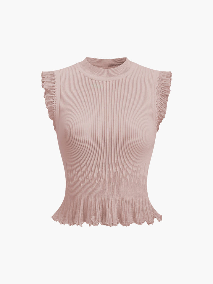 Krótki sweter prążkowany z falbankami – Beżowy – Letni damski top
