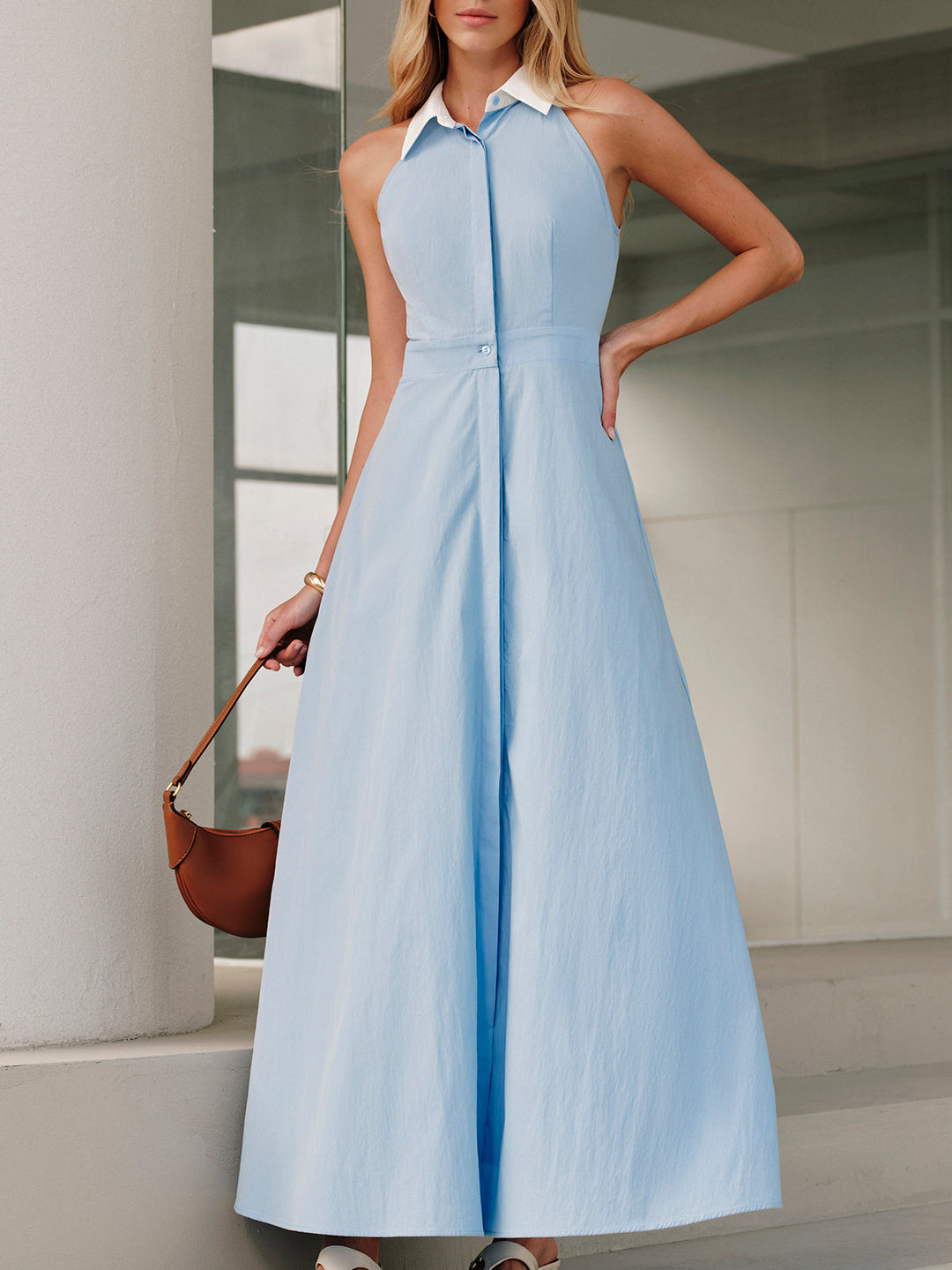 Vestido maxi camisa sin mangas con botones