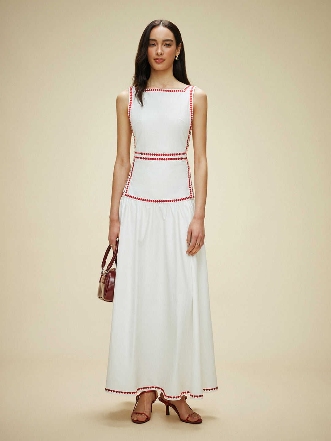 Robe maxi femme en coton avec empiècement contrasté et nœud au dos