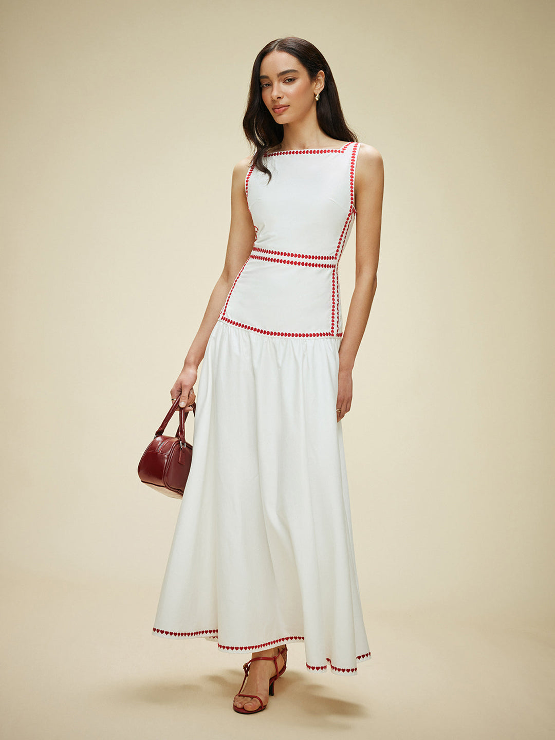 Robe maxi femme en coton avec empiècement contrasté et nœud au dos