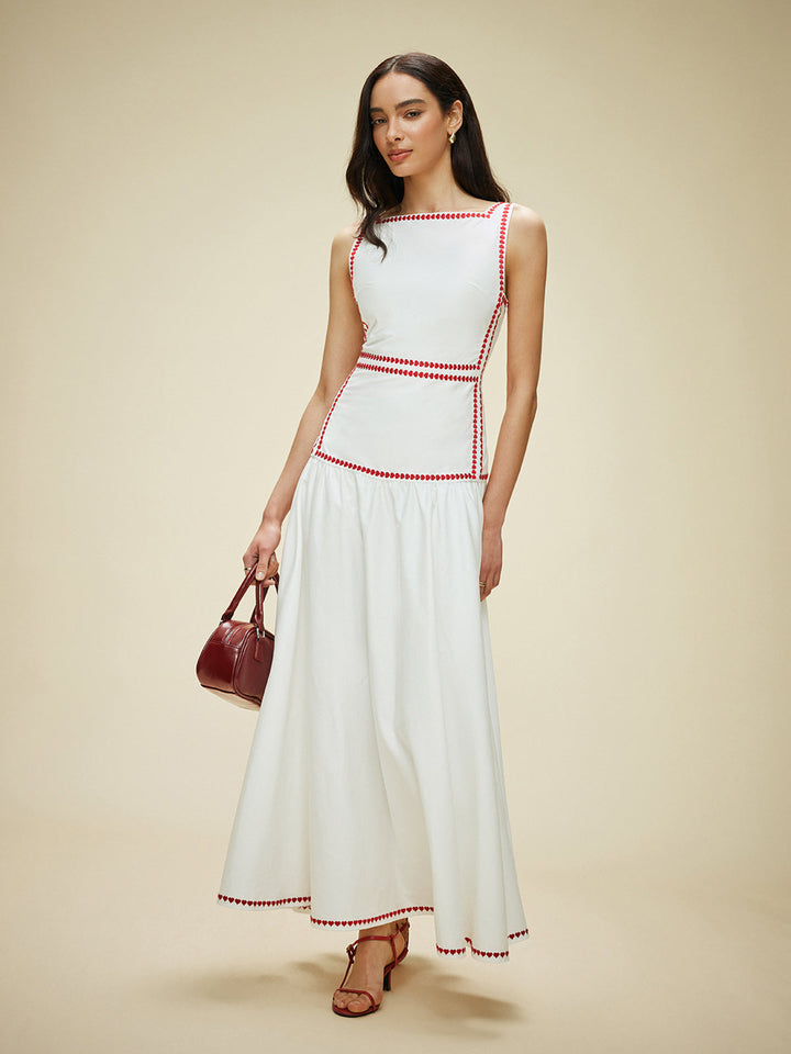 Robe maxi femme en coton avec empiècement contrasté et nœud au dos