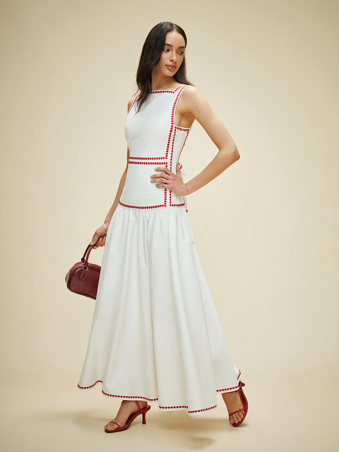 Robe maxi femme en coton avec empiècement contrasté et nœud au dos
