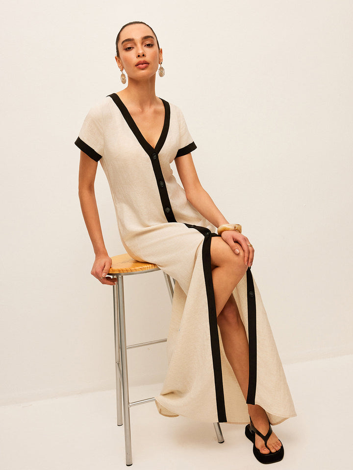 Linen blend maxi dress with high slit & contrast trim – summer style