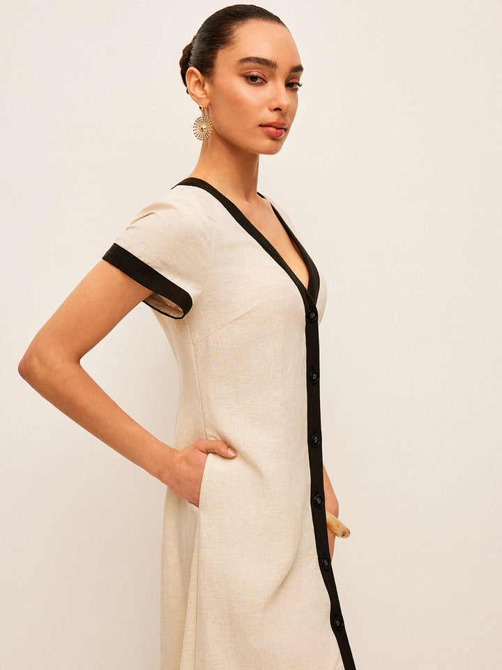 Linen blend maxi dress with high slit & contrast trim – summer style