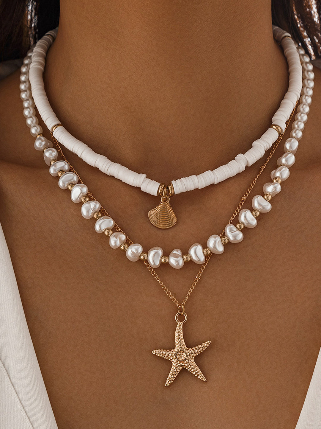 Mehrlagige Perlen- & Muschelkette mit Seestern-Anhänger – Strand-Schmuck