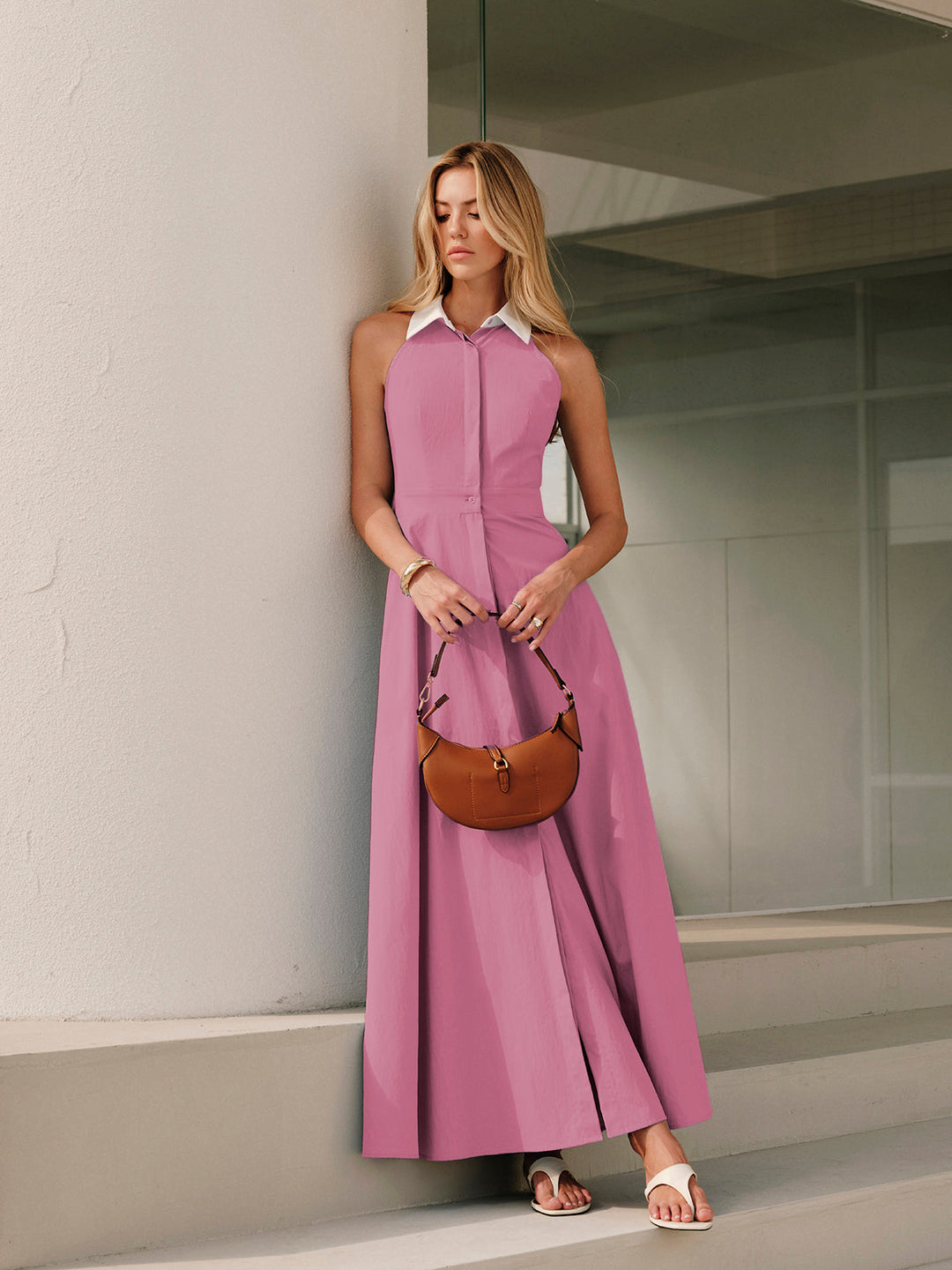 Vestido maxi camisa sin mangas con botones