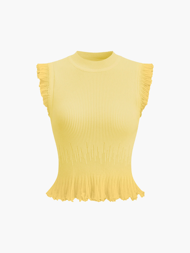 Krótki sweter prążkowany z falbankami – Beżowy – Letni damski top