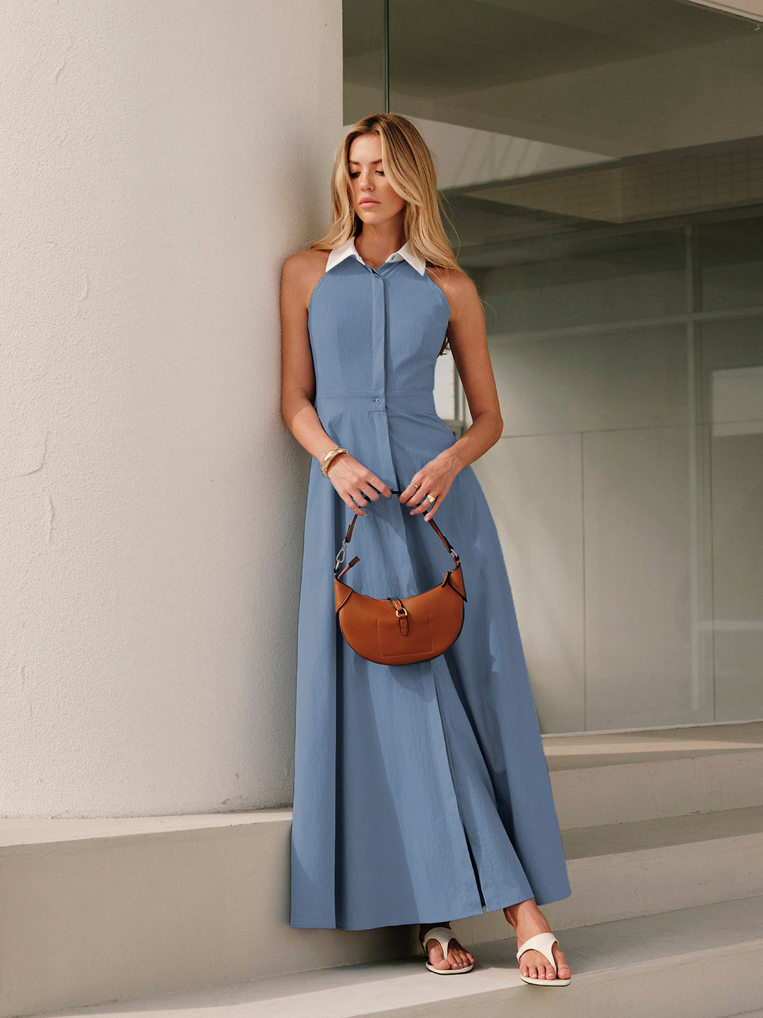 Vestido maxi camisa sin mangas con botones