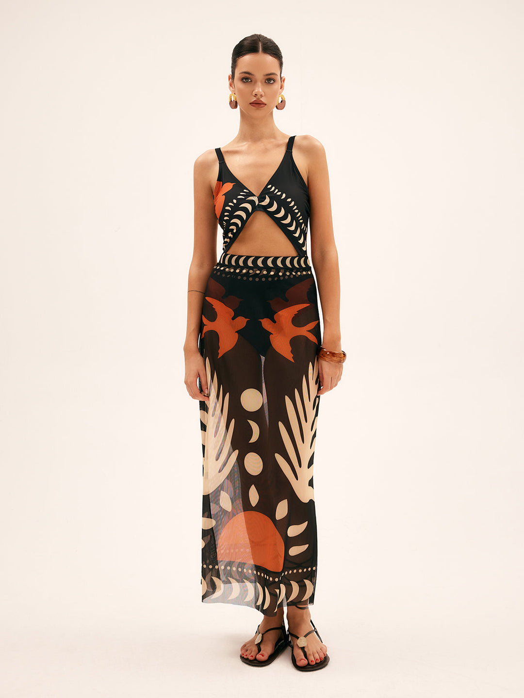 Maxi mesh skirt with bird print – Lightweight beach cover-up