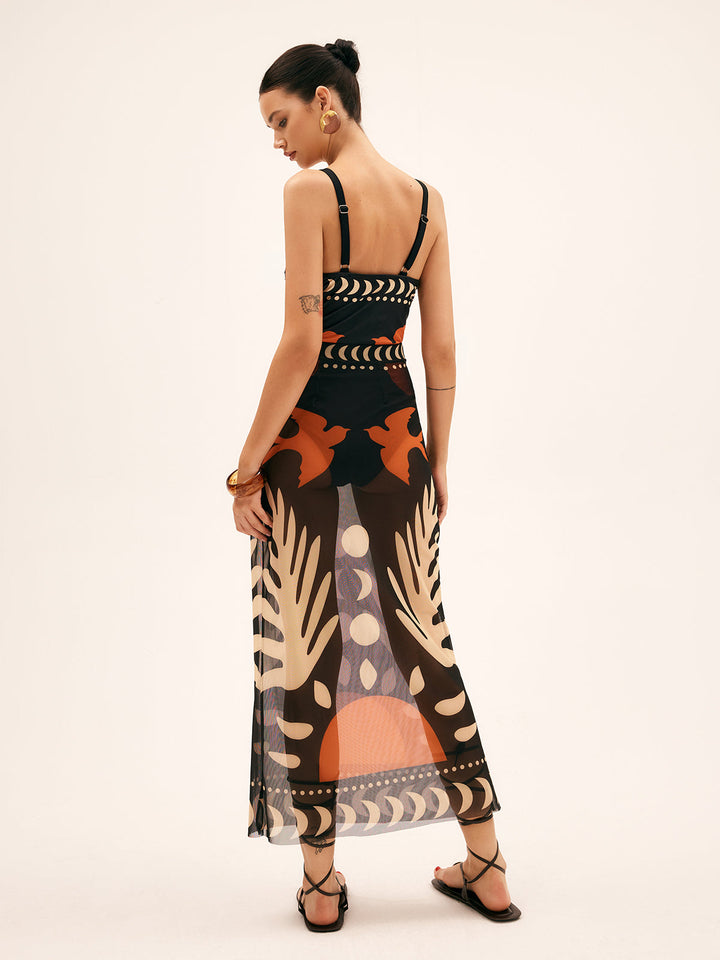 Maxi mesh skirt with bird print – Lightweight beach cover-up