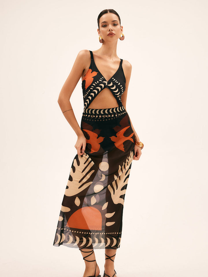 Maxi mesh skirt with bird print – Lightweight beach cover-up