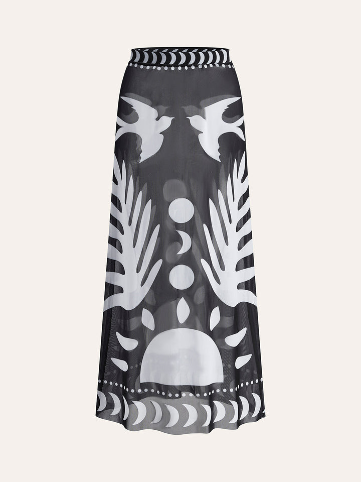 Maxi mesh skirt with bird print – Lightweight beach cover-up