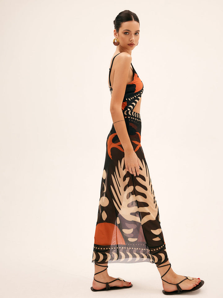 Maxi mesh skirt with bird print – Lightweight beach cover-up