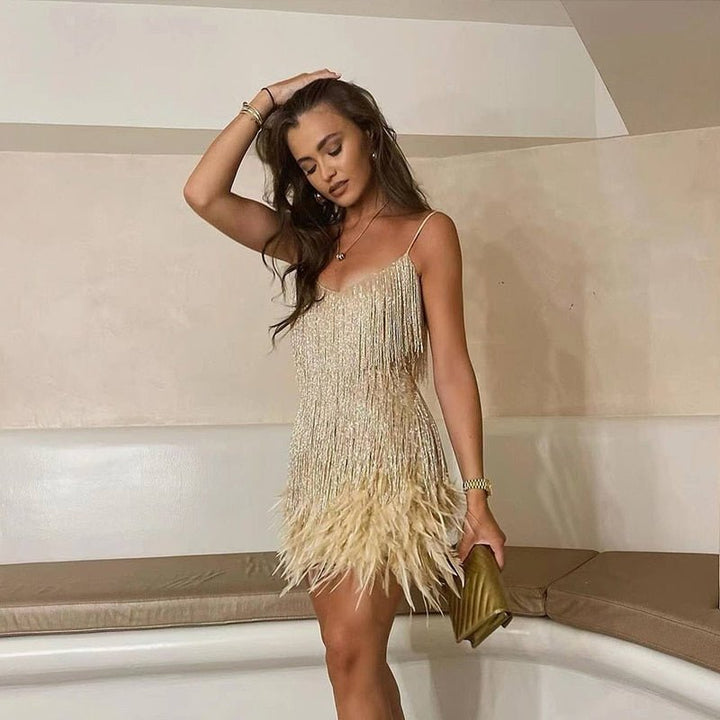 Luxe mini dress with feathers – evening dress for women in white