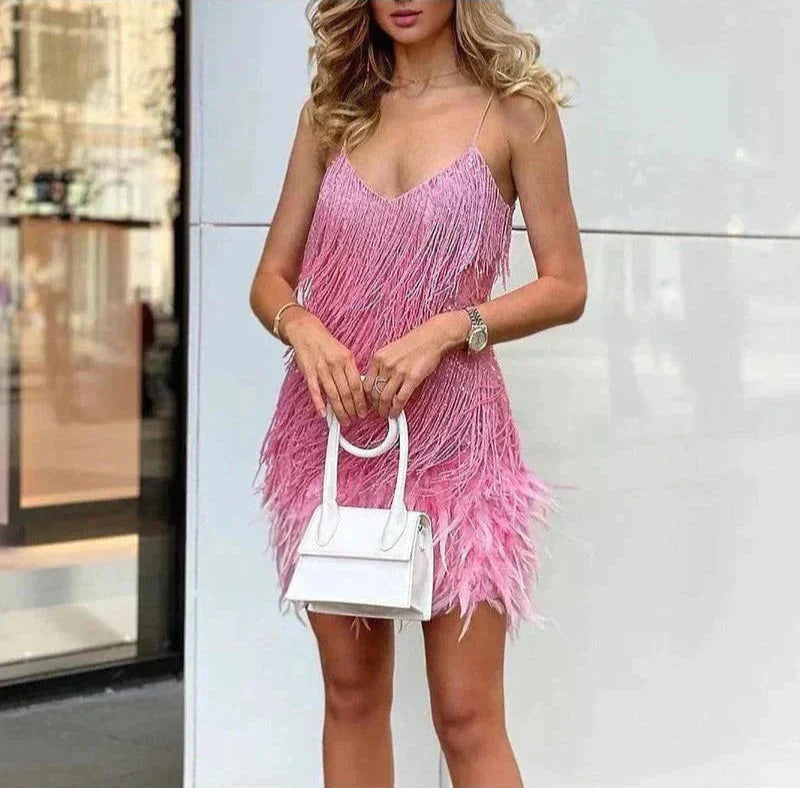 Luxe mini dress with feathers – evening dress for women in white