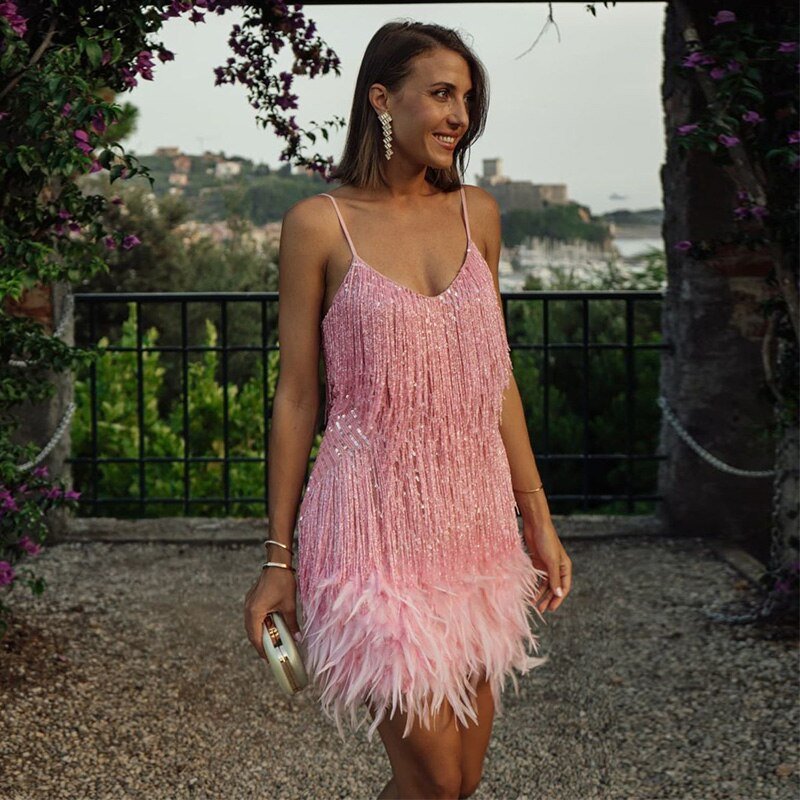 Luxe mini dress with feathers – evening dress for women in white