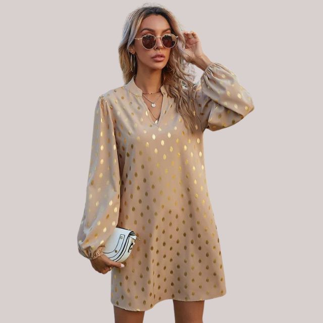 Women's satin dress with sequins and elegant cut for festive occasions