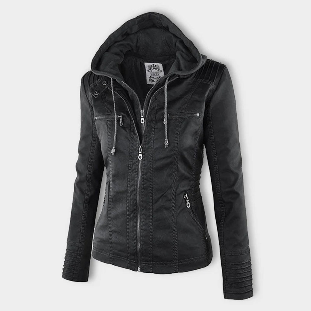 Damen Wetterfeste Lederjacke Mit Kapuze – Wasserdichter Stylischer Mantel